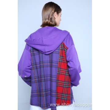 KNIT HOODIE WITH CONTRASTING CHECK FABRIC